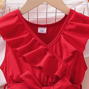Elegant Red Ruffle Dress with Waist Bow - Minitaq baby kids clothes dress