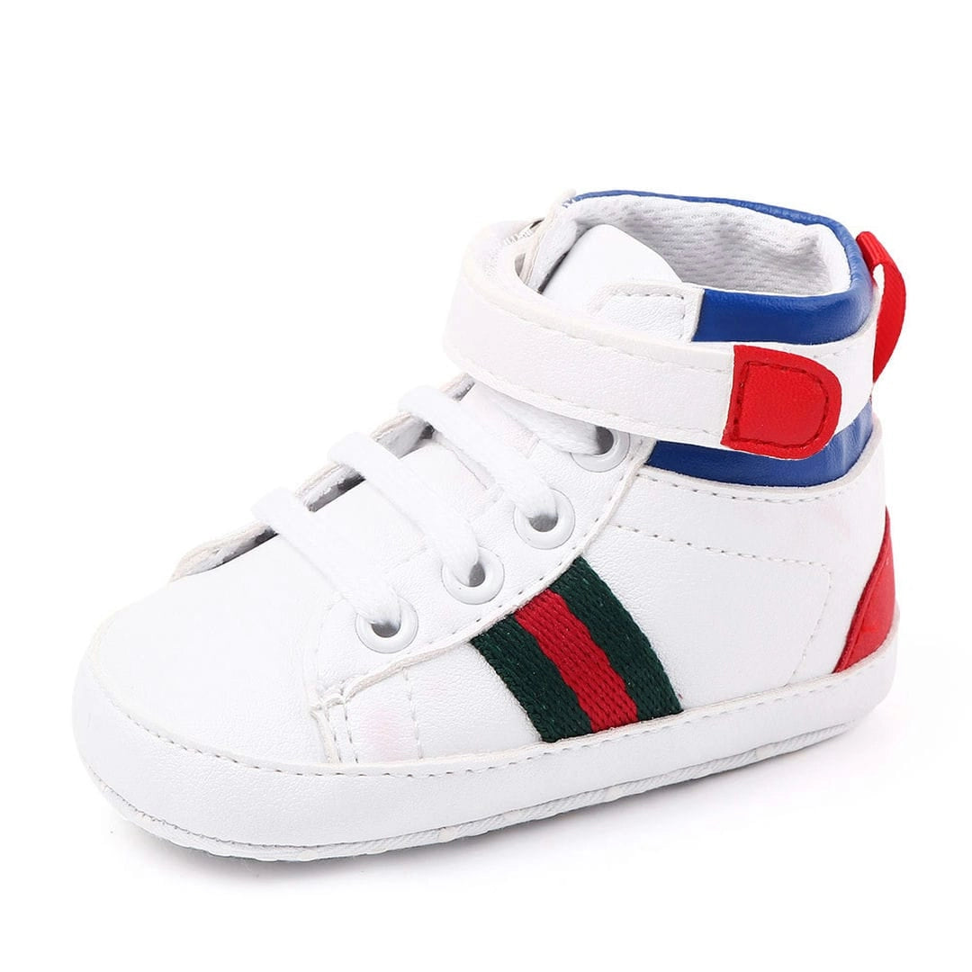 Pure White High Ankle Style Baby Shoes with Red and Green Stripes Minitaq Baby Kids