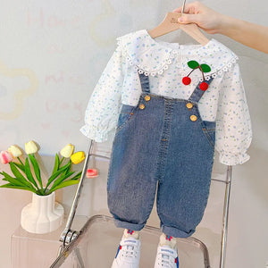Lace Blouse Shirt With Denim Suspender Pants For Girls 3 - Minitaq baby kids clothes dress
