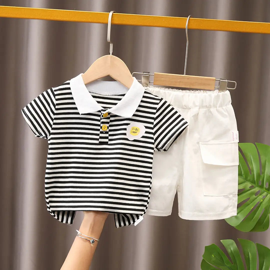 Striped Polo Shirt with Off White Shorts Set for Summers 1 - Minitaq baby kids clothes dress