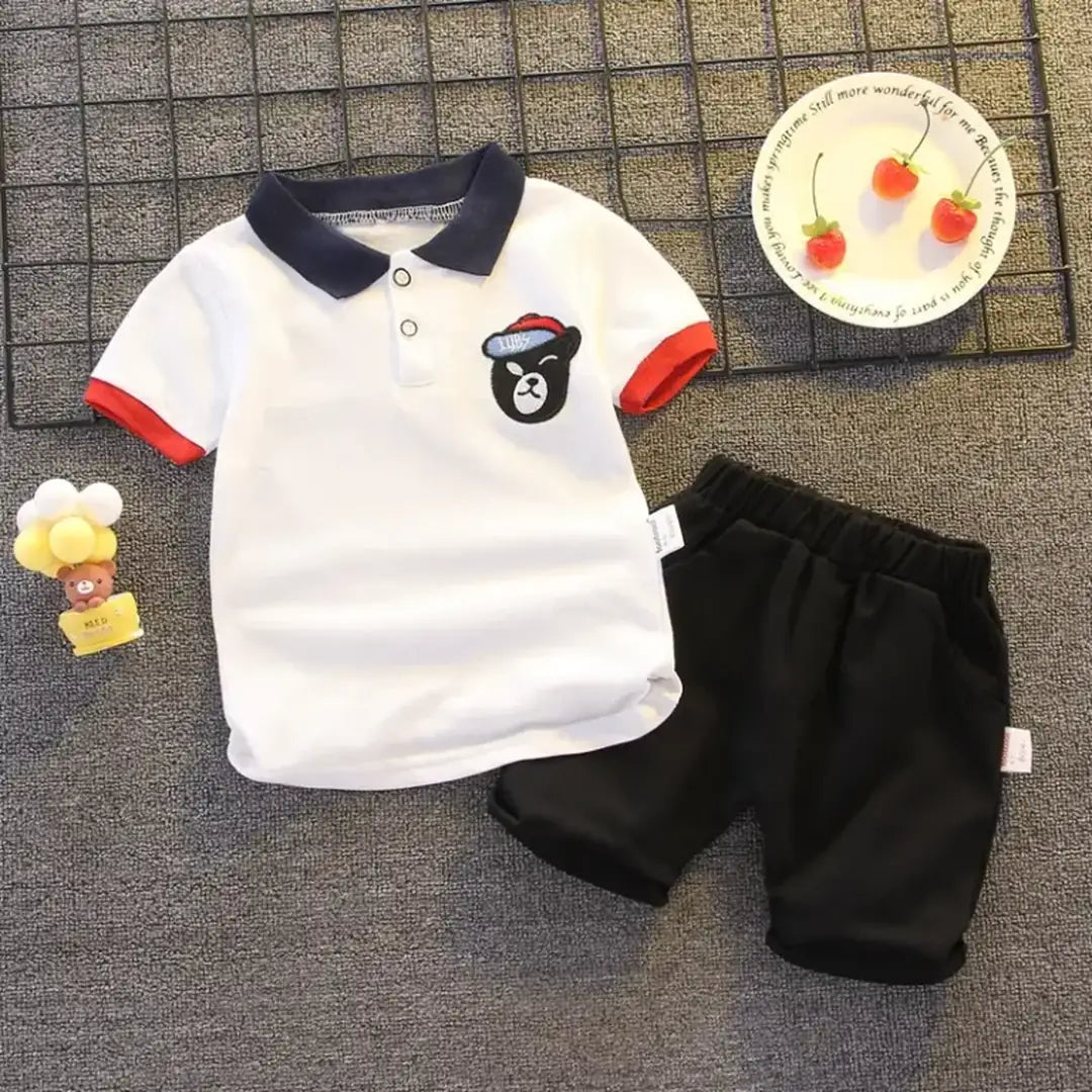 Kids Polo Shirt and Shorts Set with Bear Embroidery 1 - Minitaq baby kids clothes dress