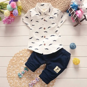 Trendy Moustatch Style White Printed Shirt and Navy Blue Shorts 1 - Minitaq baby kids clothes dress