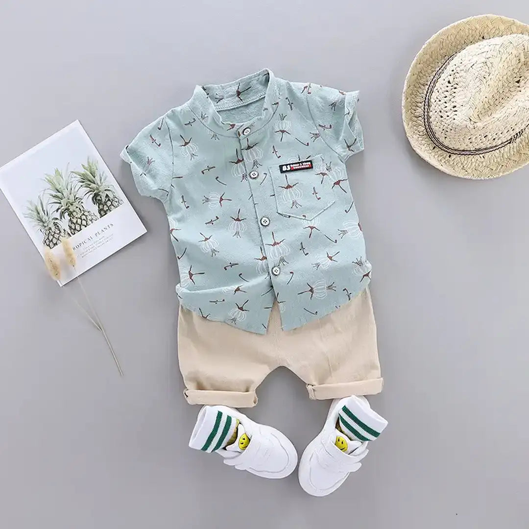 Trendy Printed Soft Green Shirt and Beige Shorts Set 1 - Minitaq baby kids clothes dress