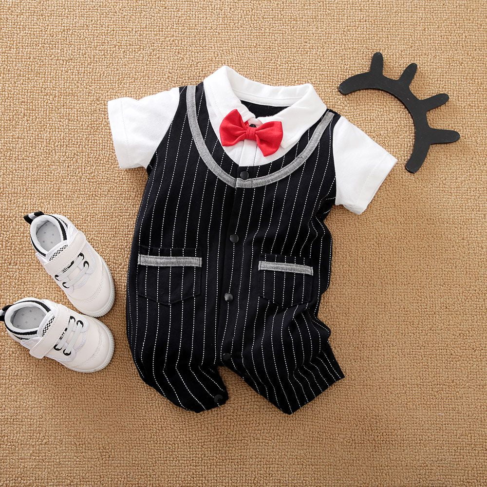 Formal Lines Baby Romper With Red Bow Tie 1 - Minitaq baby kids clothes dress