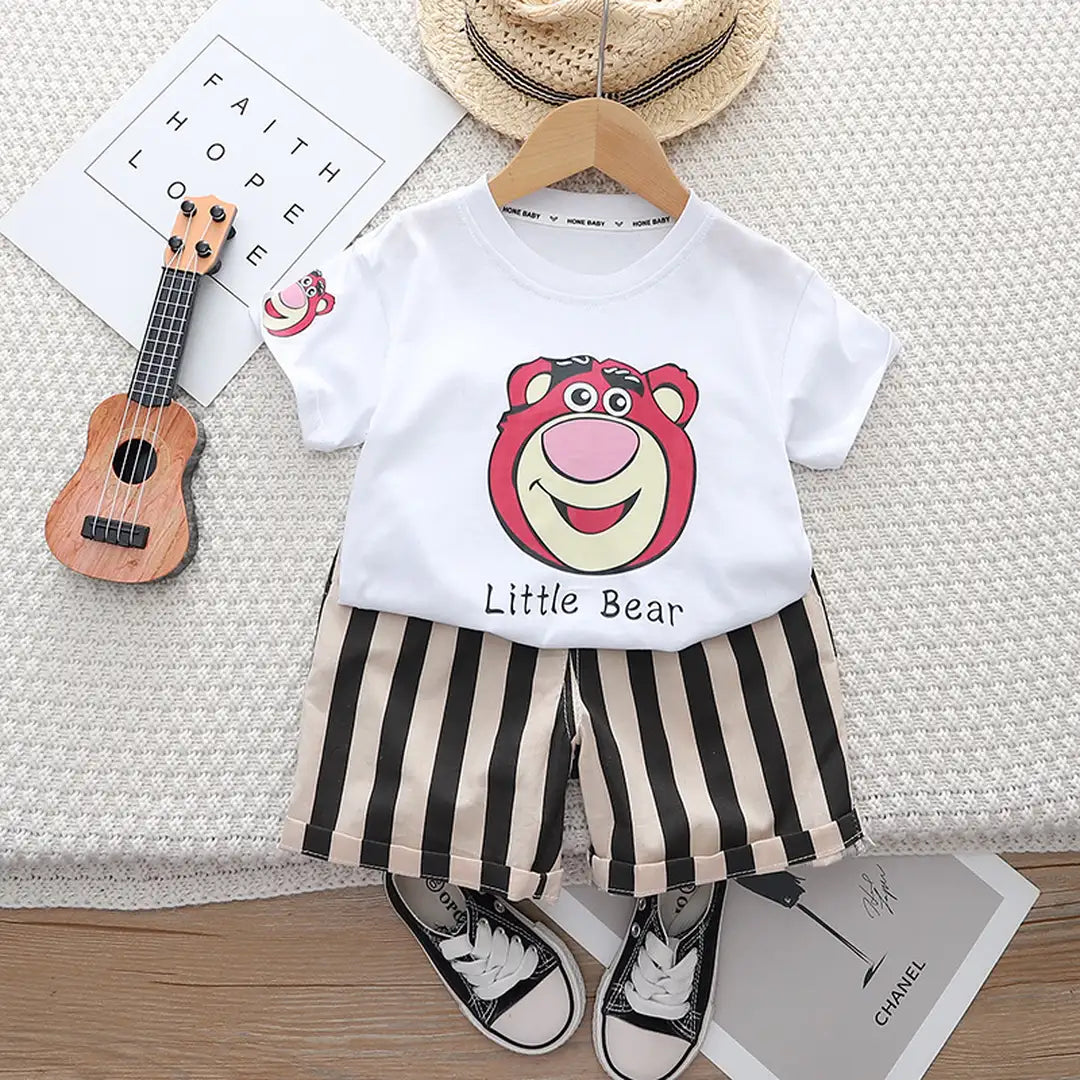 Playful Little Bear White T-Shirt with Stripe Pattern Shorts Set 1 - Minitaq baby kids clothes dress