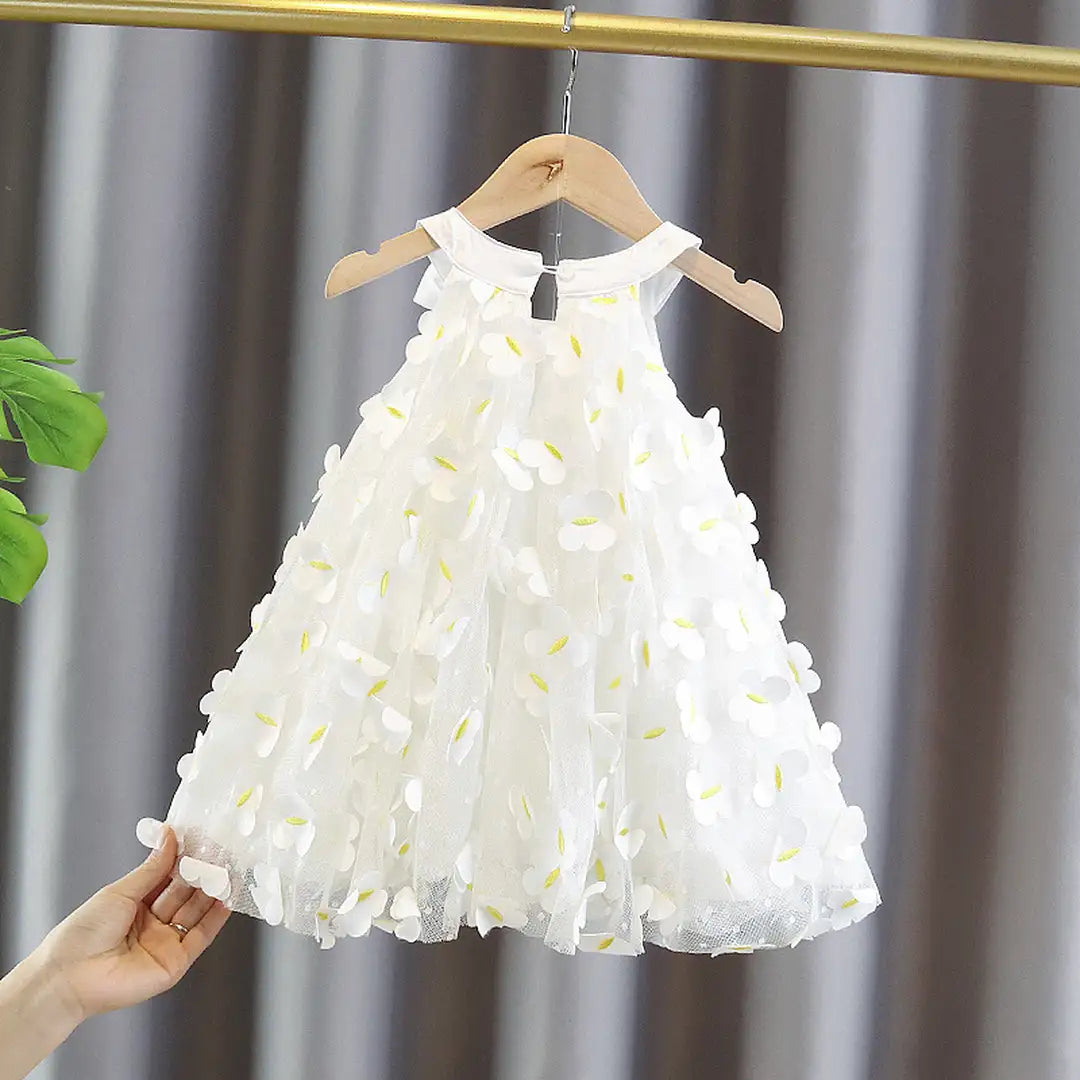 White Floral Petals Sleeveless Dress for Girls 1 - Minitaq baby kids clothes dress