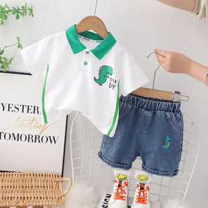 Mini Dino White Polo Shirt and Denim Shorts For Kids 1 - Minitaq baby kids clothes dress