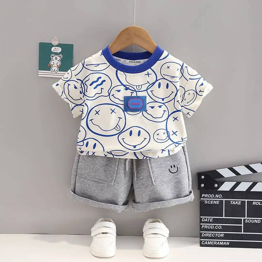 Fun Emoji Patterned Shirt with Gray Shorts Set For Kids 1 - Minitaq baby kids clothes dress