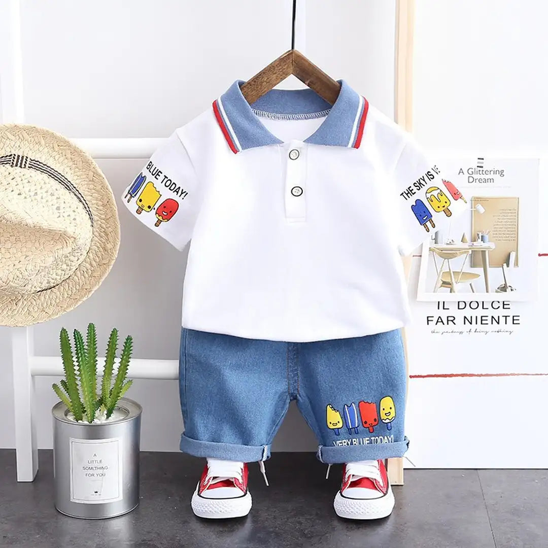 Ice Cream Design White Polo With Blue Jeans Shorts 1 - Minitaq baby kids clothes dress