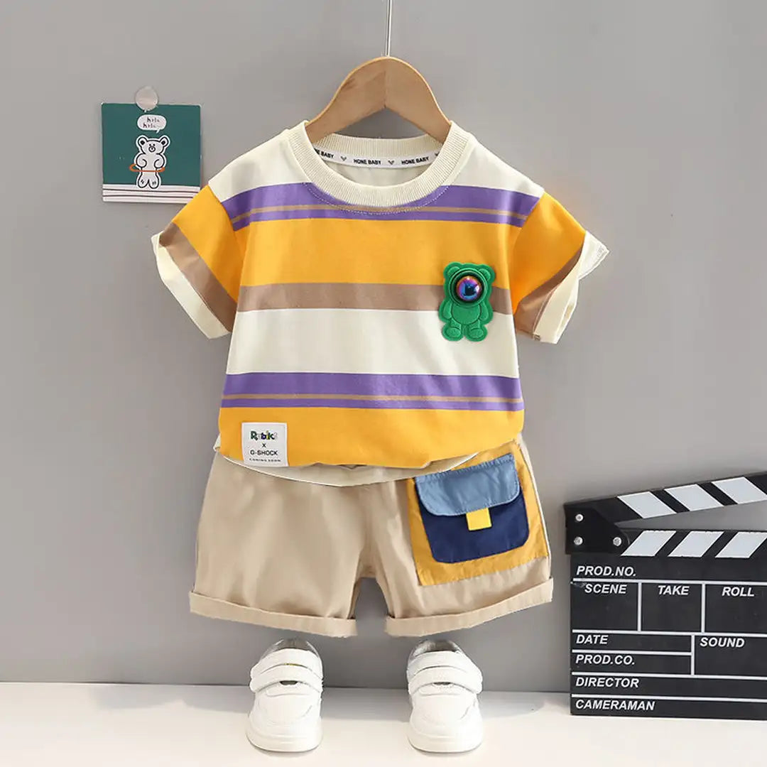 Little Explorer Stripe Design Shirt and Beige Shorts Set 1 - Minitaq baby kids clothes dress