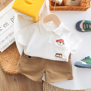 Cute Bear Casual White Polo Shirt and Brown Shorts Set for Kids 1 - Minitaq baby kids clothes dress