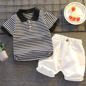 Trendy Striped Polo Shirt and White Shorts Set for Kids 1 - Minitaq baby kids clothes dress