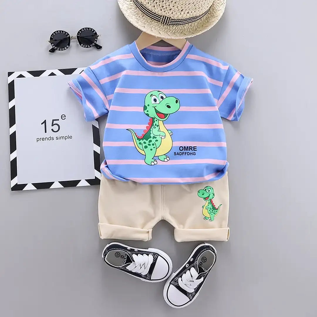 Happy Dino Cartoon Blue Stripes T-Shirt With Shorts 1 - Minitaq baby kids clothes dress