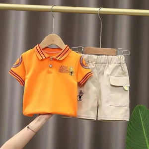 Orange Polo Shirt With Beige Cotton Shorts 1 - Minitaq baby kids clothes dress