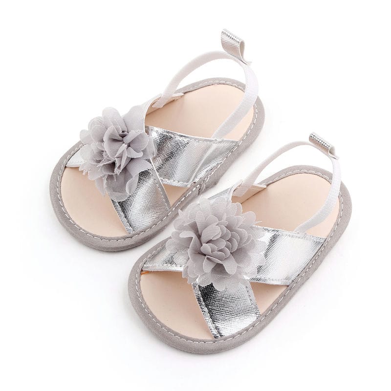 Silver Baby Sandal Shoes With Top Gray Flower 1 - Minitaq baby kids clothes dress