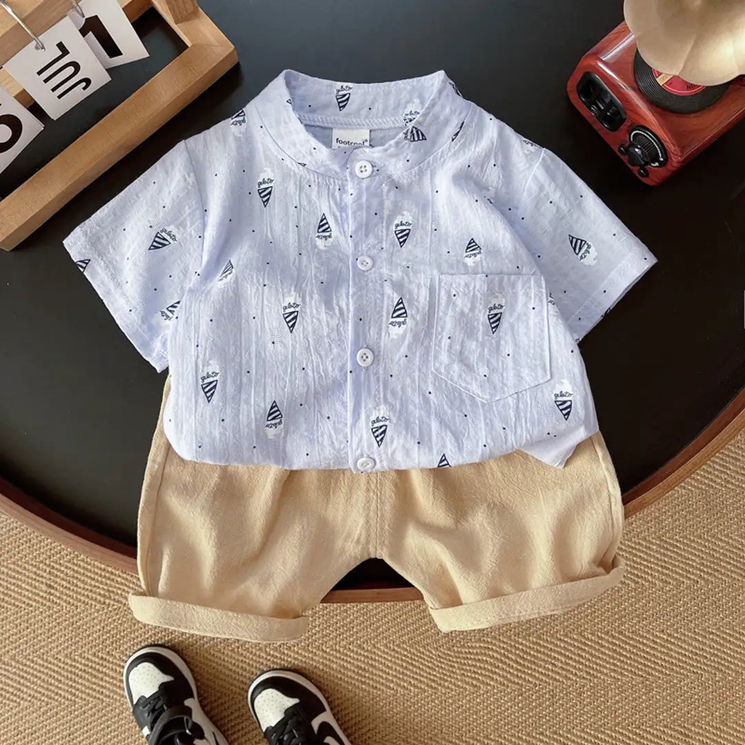 Little Captains Light Blue Shirt and Beige Shorts 1 - Minitaq baby kids clothes dress