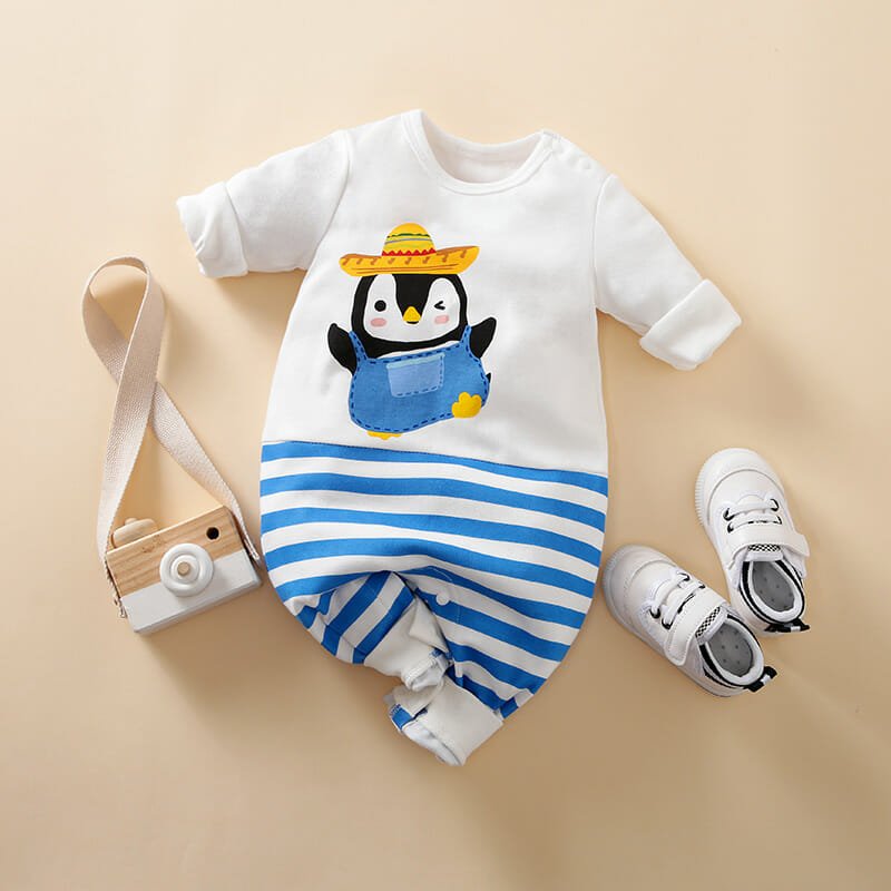 Penguin On Stripes Fun Baby Romper 1 - Minitaq baby kids clothes dress