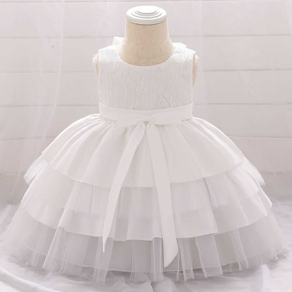 White Layered Sleeveless Frock With Bow Lace 1 - Minitaq baby kids clothes dress