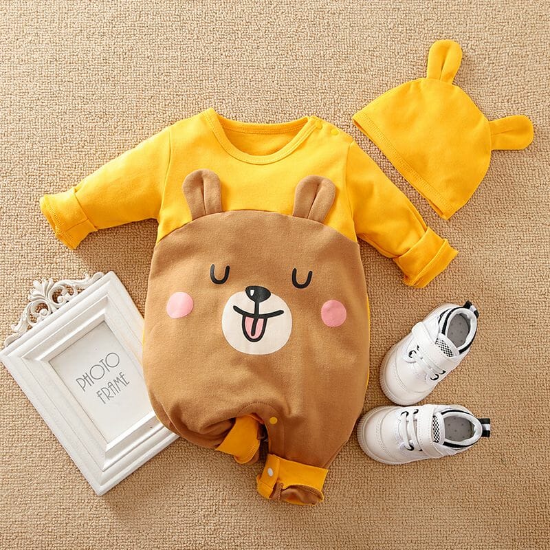 Bear Cartoon Yellow Baby Romper With Cap 1 - Minitaq baby kids clothes dress