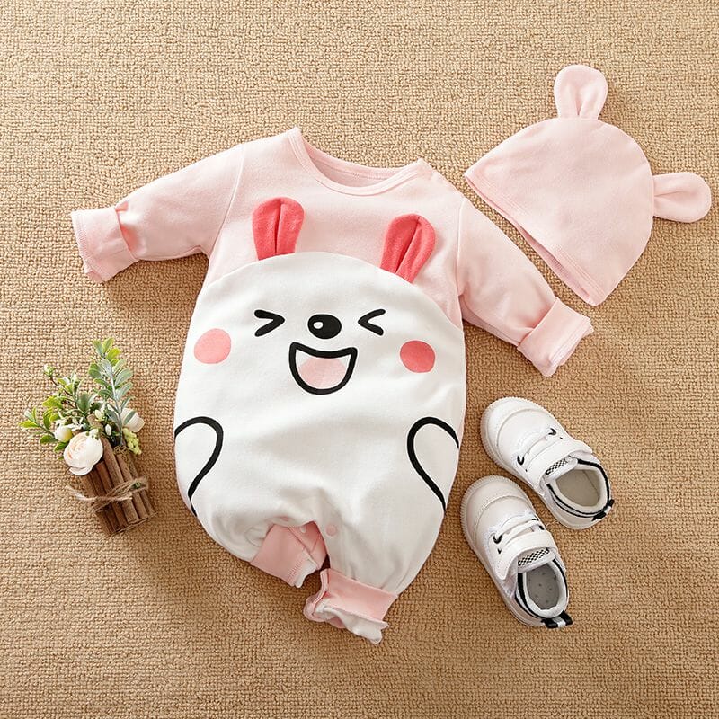 Fun Cartoon Baby Pink Romper With Cap 1 - Minitaq baby kids clothes dress