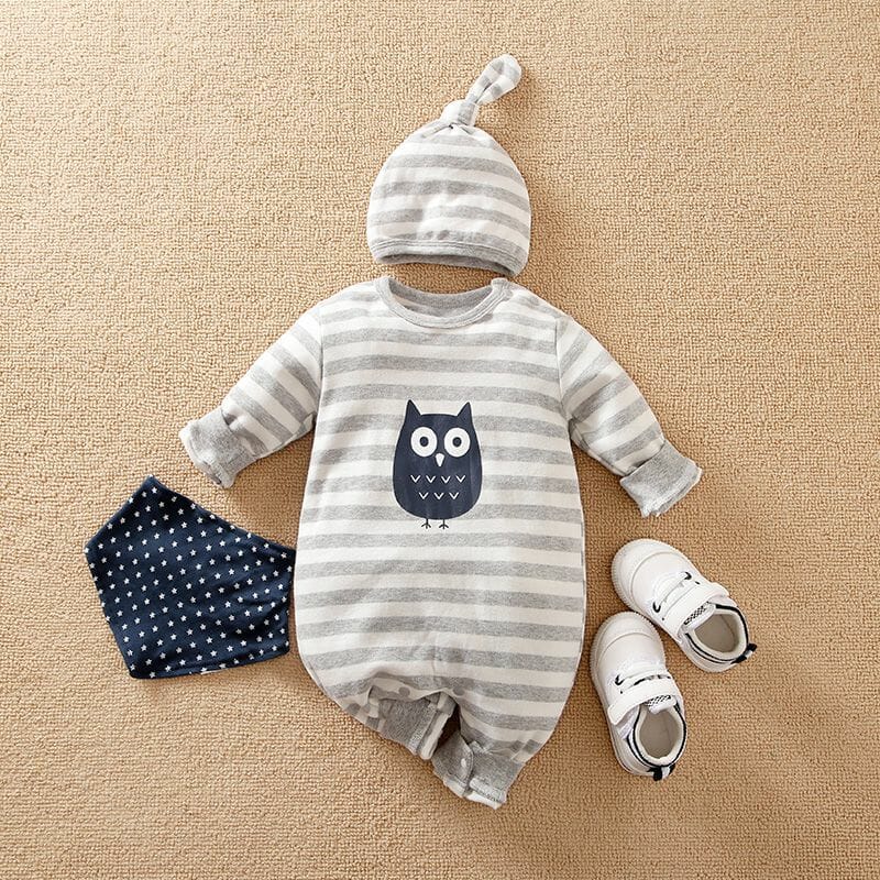 Owl Gray Romper With Cap And Bandana 1 - Minitaq baby kids clothes dress