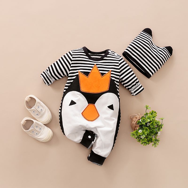 King Penguin Stiped Baby Romper With Cap 1 - Minitaq baby kids clothes dress