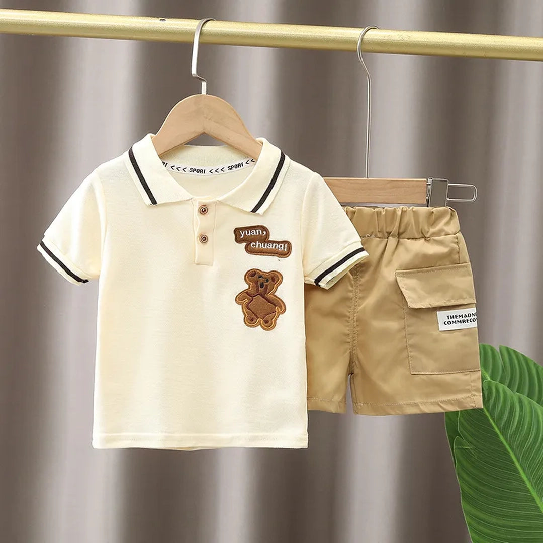 Bear Cream Color Polo Short & Light Brown Shorts - Minitaq baby kids clothes dress