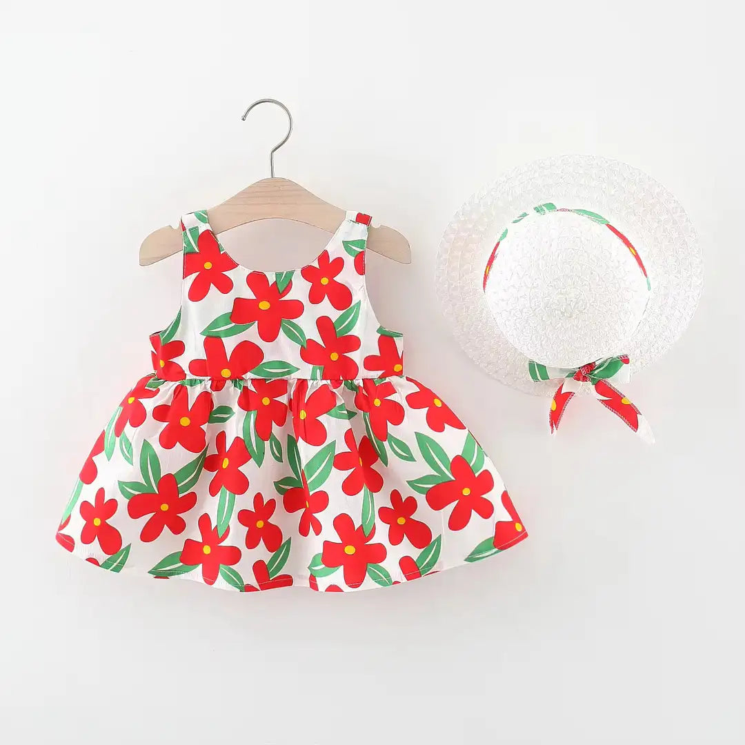 Elegant Red Flowers Printed Dress with White Hat