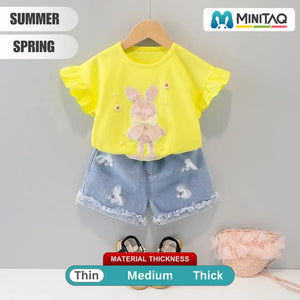 Yellow Fly Sleeve Fairy Bunny With Casual Jeans For Girls 2 - Minitaq baby kids clothes dress