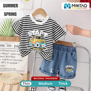 Black Lines Stylish Casual T-Shirt With Blue Jeans Shorts 2 - Minitaq baby kids clothes dress