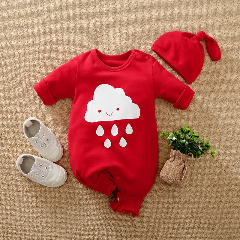 Red Rainy Cloud Unisex Romper With Cap 1 - Minitaq baby kids clothes dress