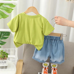 Cartoon Dino Summer T-Shirt With Jeans Shorts 12 - Minitaq baby kids clothes dress