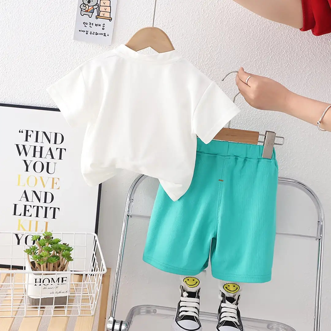 Cartoon White T-Shirt With Aqua Blue Shorts 11 - Minitaq baby kids clothes dress