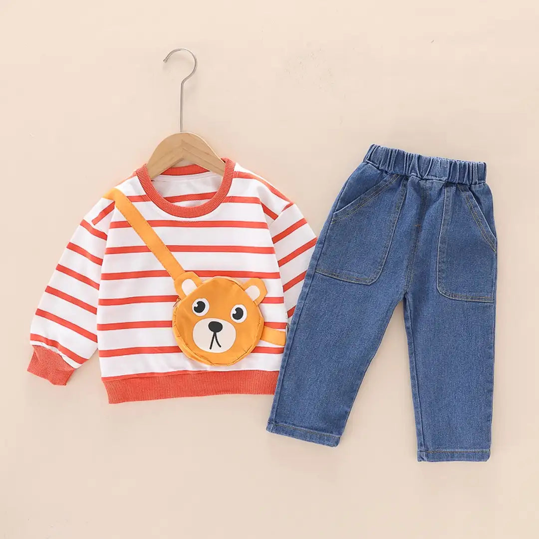 Peachy Lines Jumper N Bear Bag Attached With Denim Pants 11 - Minitaq baby kids clothes dress