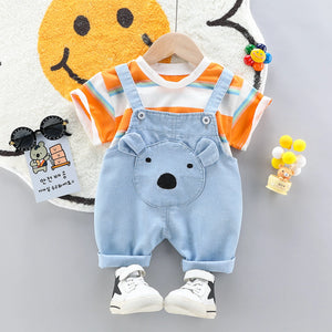 Bear Face Denim Dungaree with Striped Tee - Minitaq baby kids clothes dress 