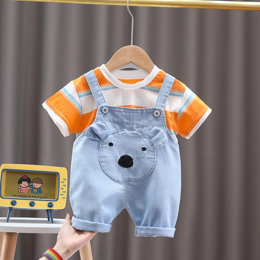 Bear Face Denim Dungaree with Striped Tee - Minitaq baby kids clothes dress 