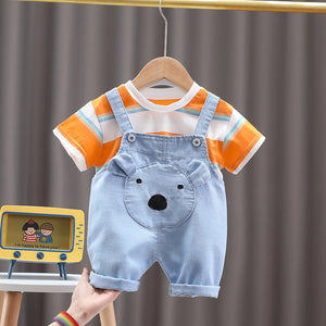Bear Face Denim Dungaree with Striped Tee - Minitaq baby kids clothes dress 