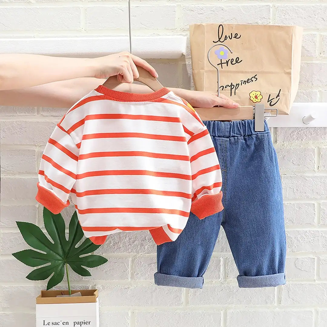 Peachy Lines Jumper N Bear Bag Attached With Denim Pants 12 - Minitaq baby kids clothes dress