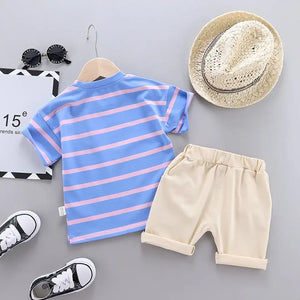 Happy Dino Cartoon Blue Stripes T-Shirt With Shorts 11 - Minitaq baby kids clothes dress