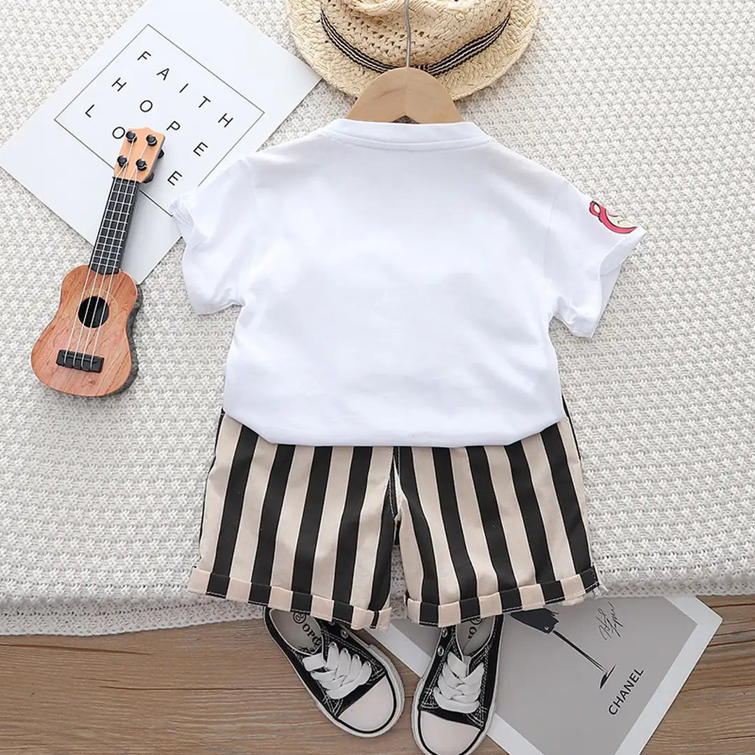 Playful Little Bear White T-Shirt with Stripe Pattern Shorts Set 14 - Minitaq baby kids clothes dress