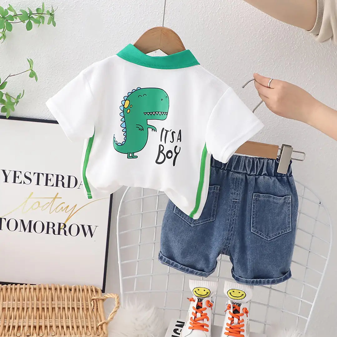 Mini Dino White Polo Shirt and Denim Shorts For Kids 15 - Minitaq baby kids clothes dress