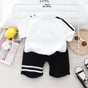 Double Stripes White Polo Shirt and Black Shorts Set for Kids 15 - Minitaq baby kids clothes dress