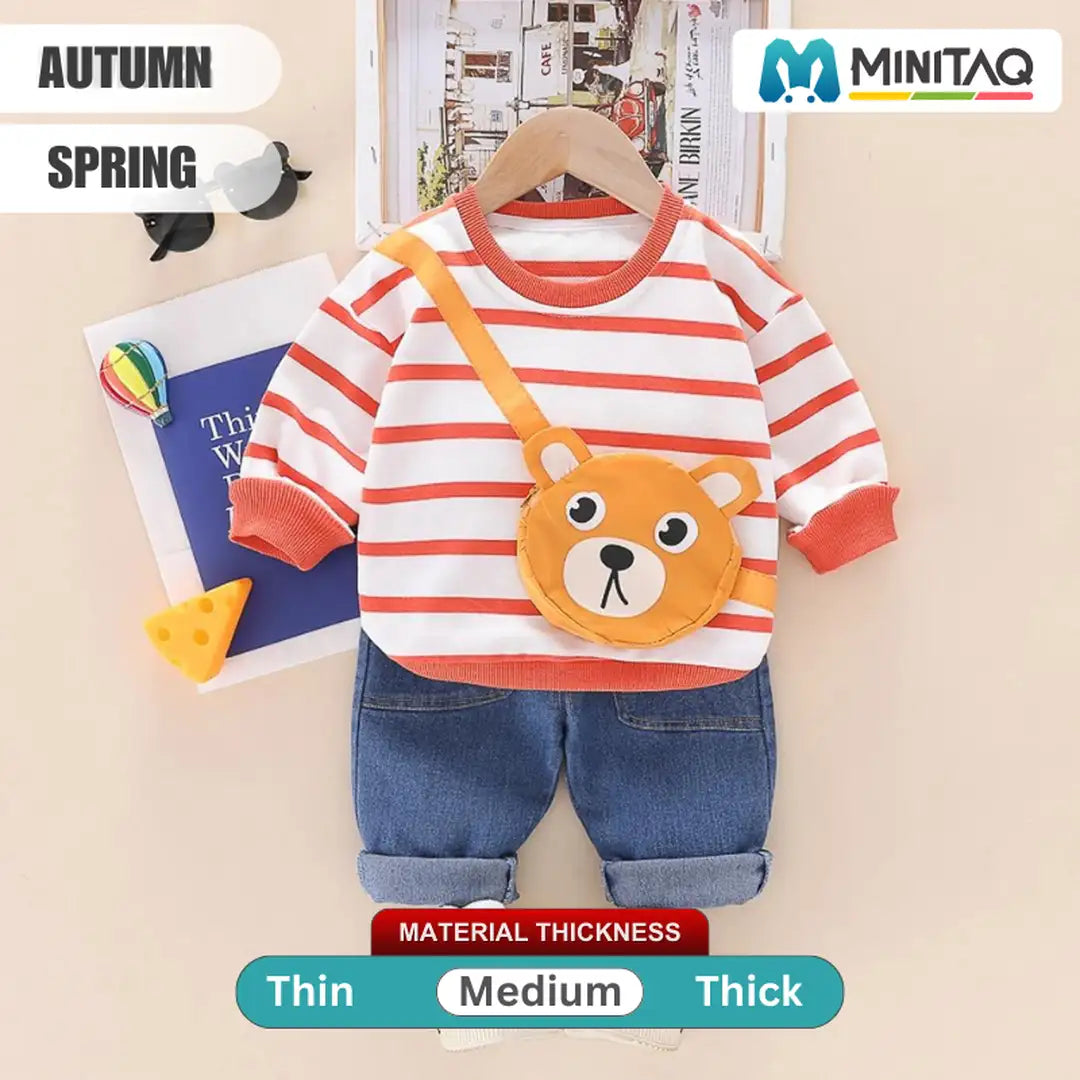 Peachy Lines Jumper N Bear Bag Attached With Denim Pants 2 - Minitaq baby kids clothes dress