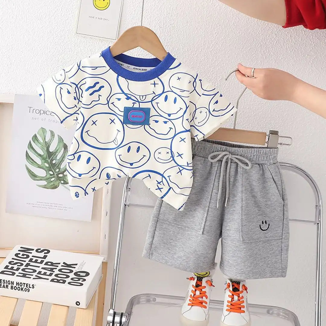 Fun Emoji Patterned Shirt with Gray Shorts Set For Kids 3 - Minitaq baby kids clothes dress