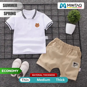 Cotton White T-Shirt with Embroidery and Beige Shorts 1 - Minitaq baby kids clothes dress