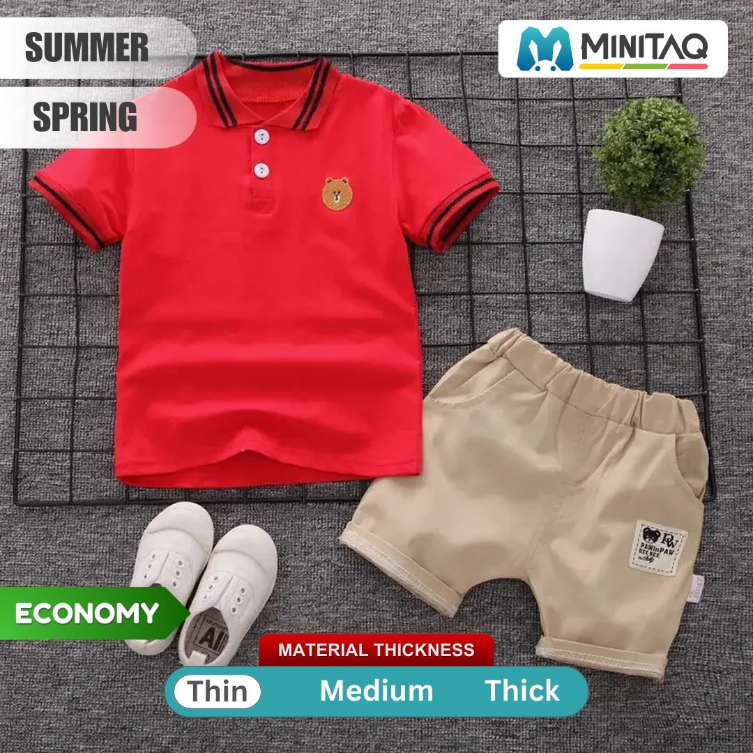 Cotton Red T-Shirt with Embroidery and Beige Shorts 1 - Minitaq baby kids clothes dress