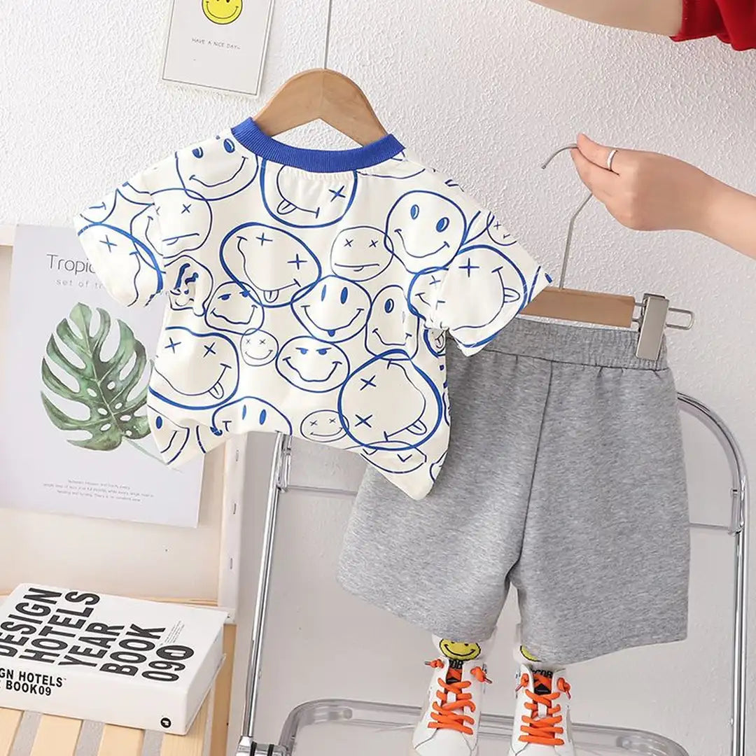 Fun Emoji Patterned Shirt with Gray Shorts Set For Kids 20 - Minitaq baby kids clothes dress