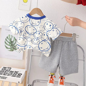 Fun Emoji Patterned Shirt with Gray Shorts Set For Kids 20 - Minitaq baby kids clothes dress