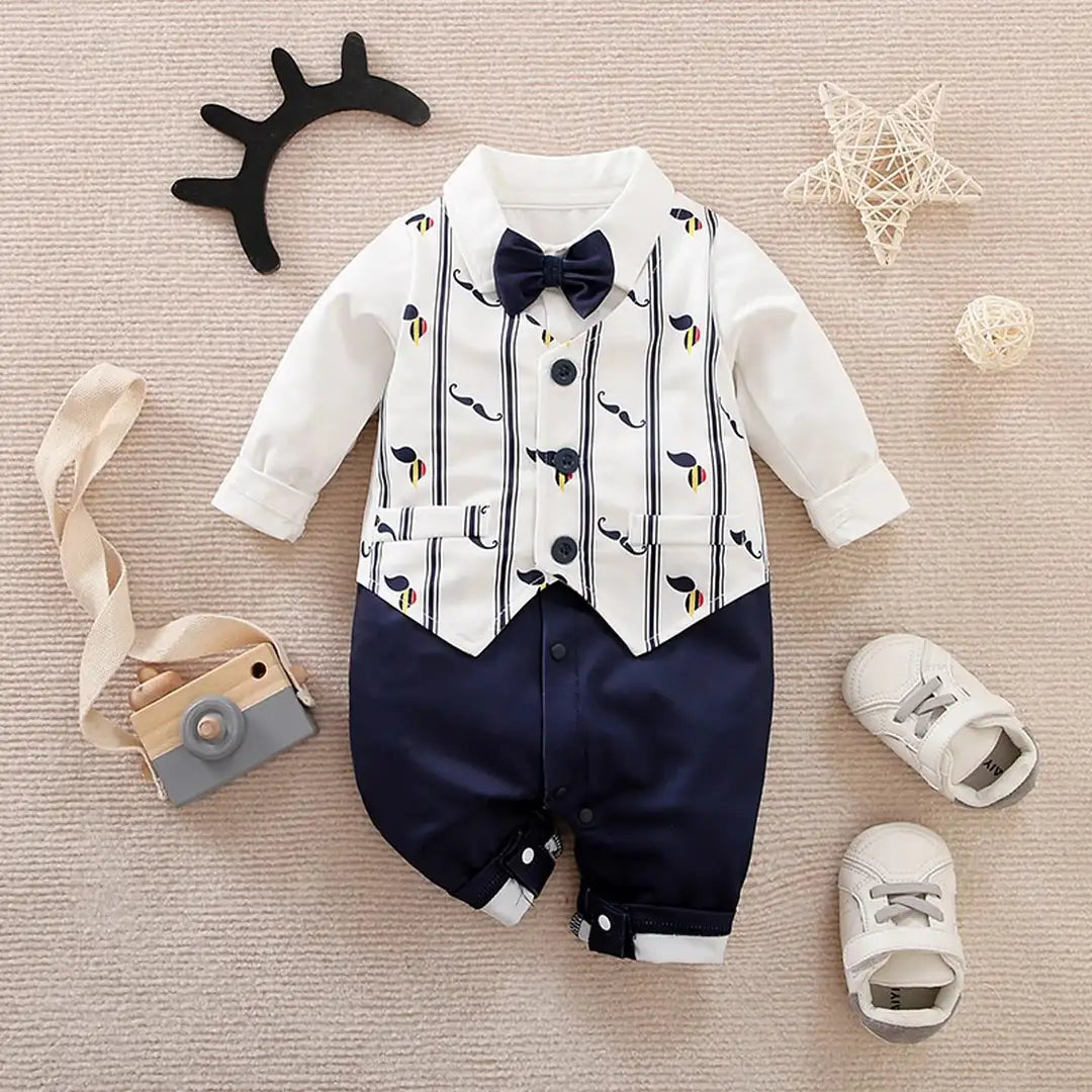 Formal Blue White Waist Coat Style Baby Romper 1 - Minitaq baby kids clothes dress