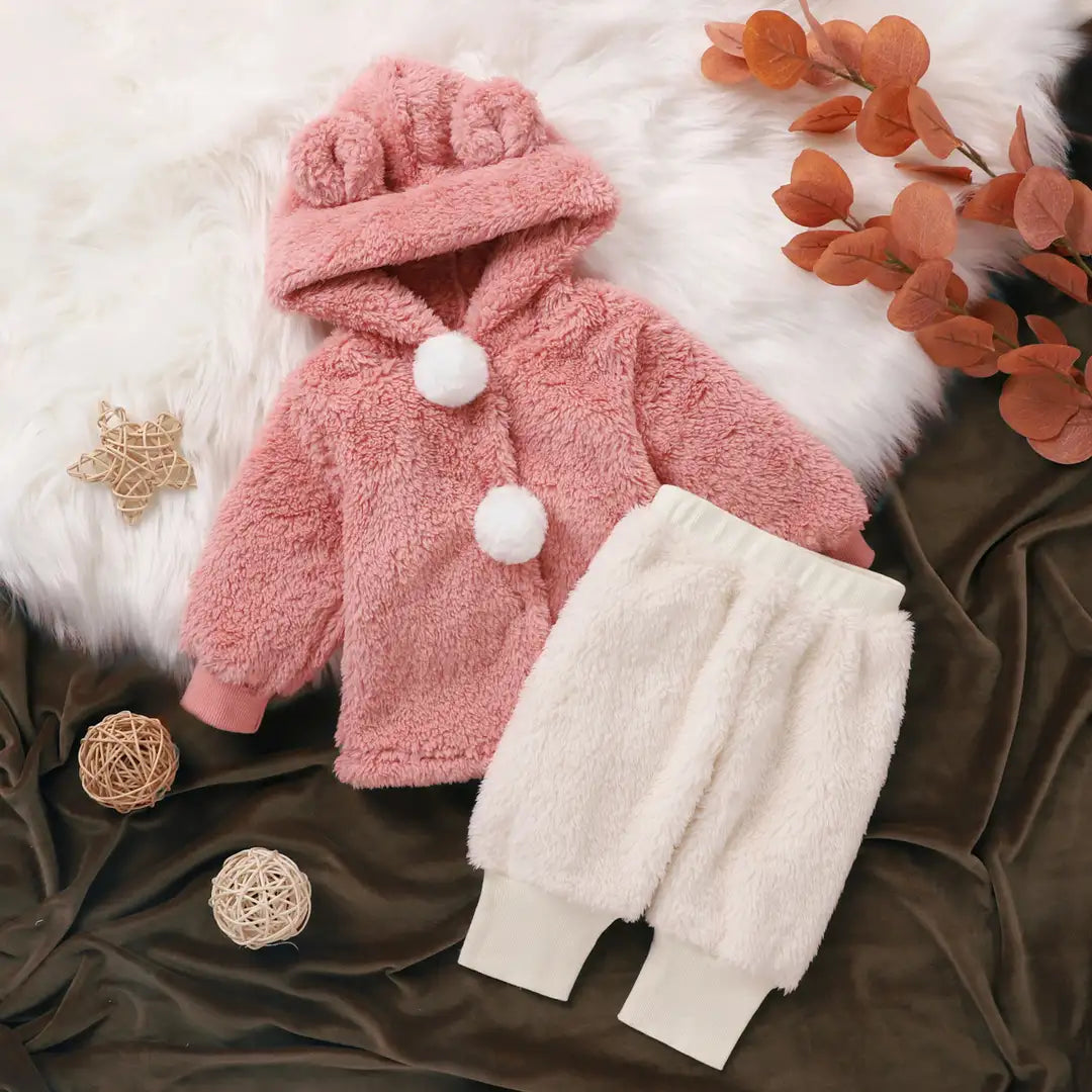 Fuzzy Pink N White Pom Pom Fleece Hoodie 2pcs Set - Minitaq baby kids clothes dress